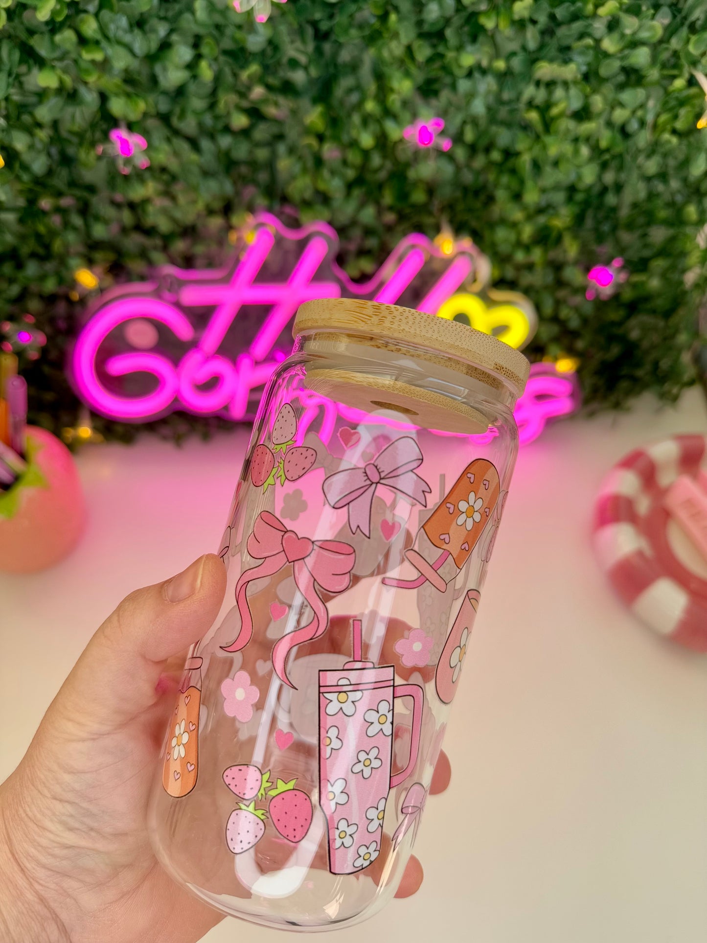 Drinking glass with straw | Cute Girly strawberry