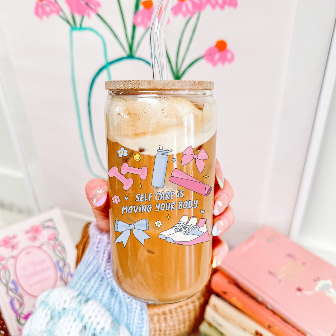 Drinking glass with straw | Self care is