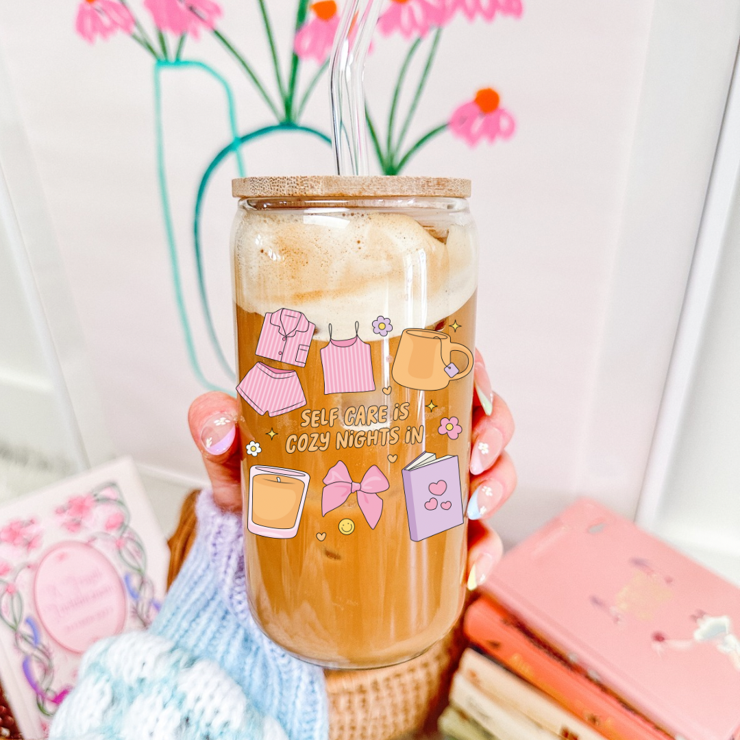 Drinking glass with straw | Self care is