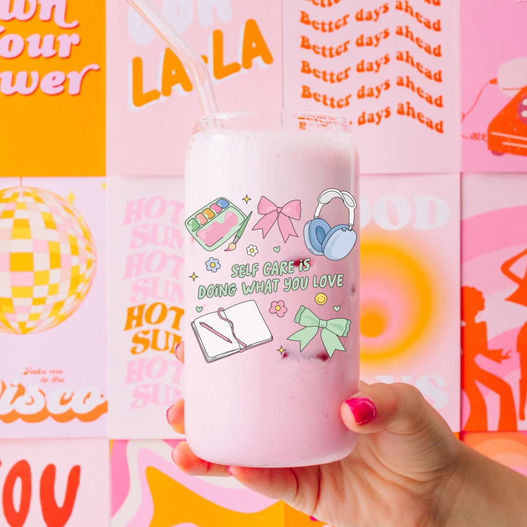 Drinking glass with straw | Self care is