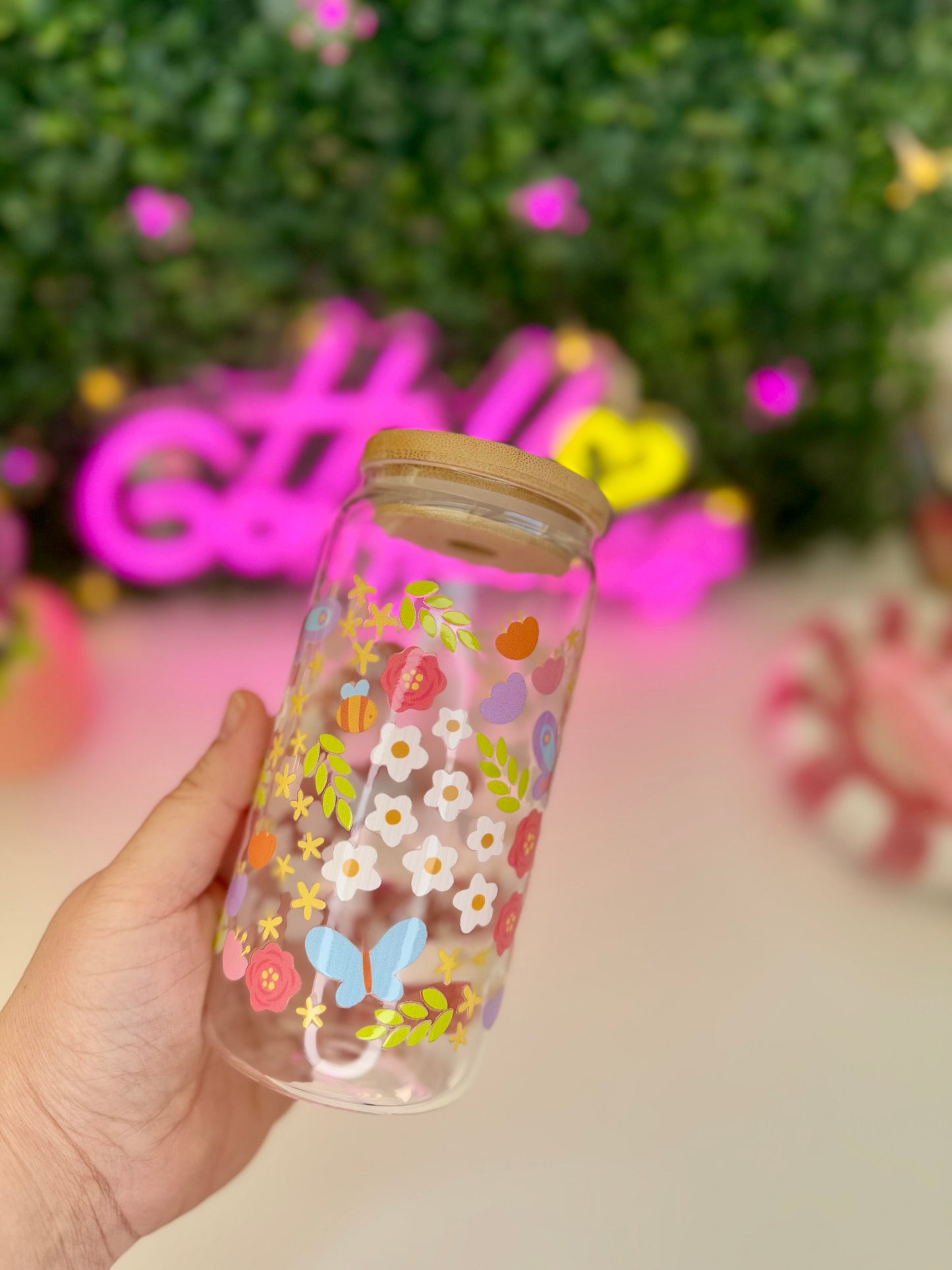 Drinkglas met rietje butterfly garden