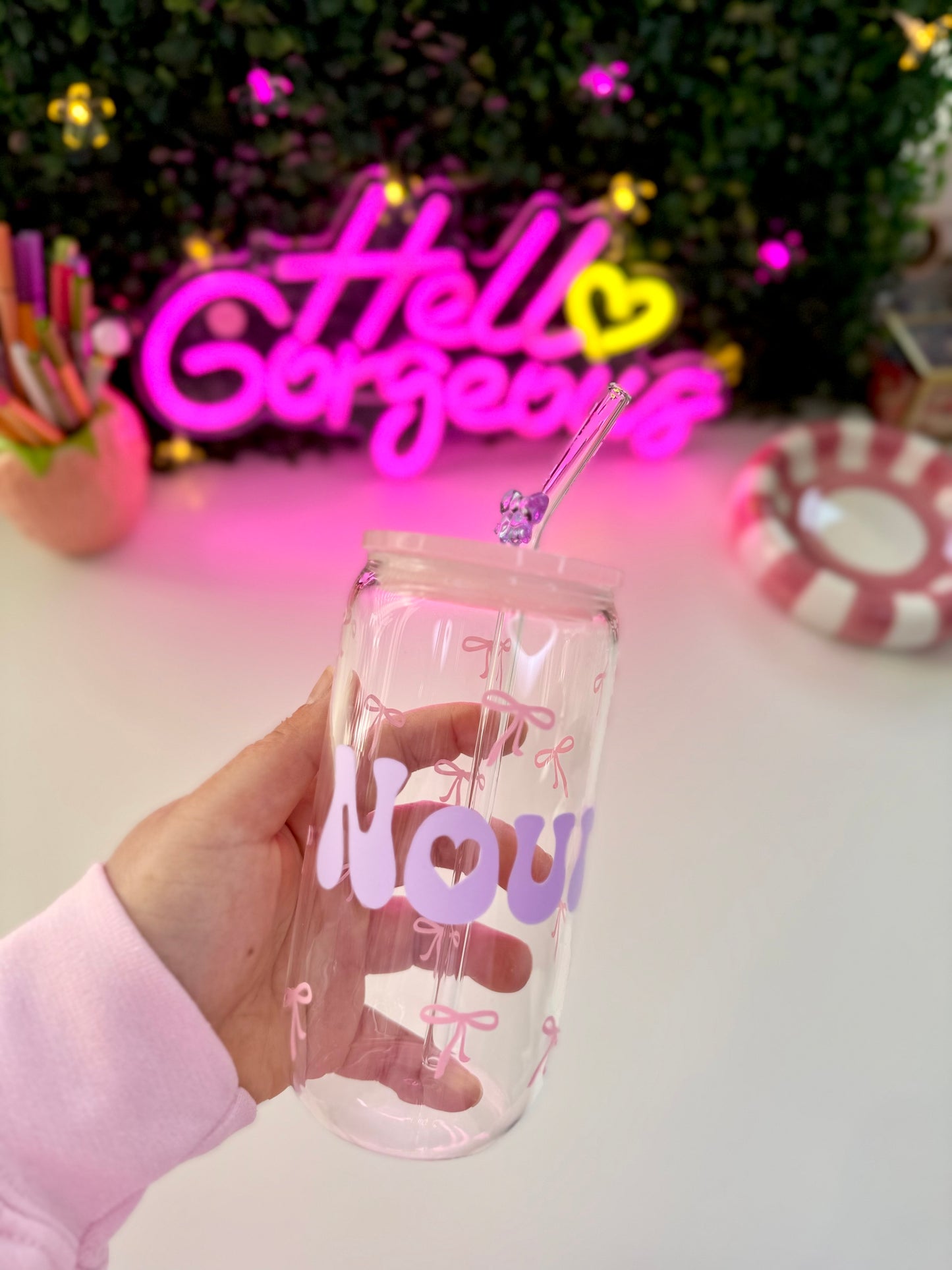 Drinkglas met rietje | cute bow met naam