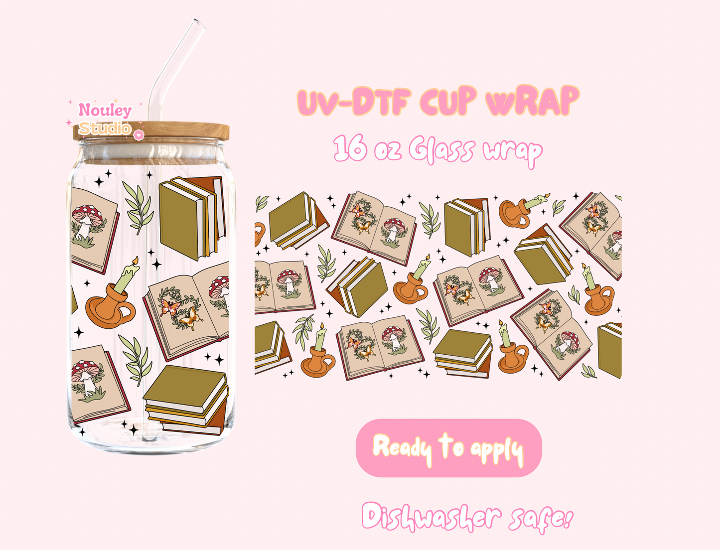 Uv DTF cup wrap goblincore books