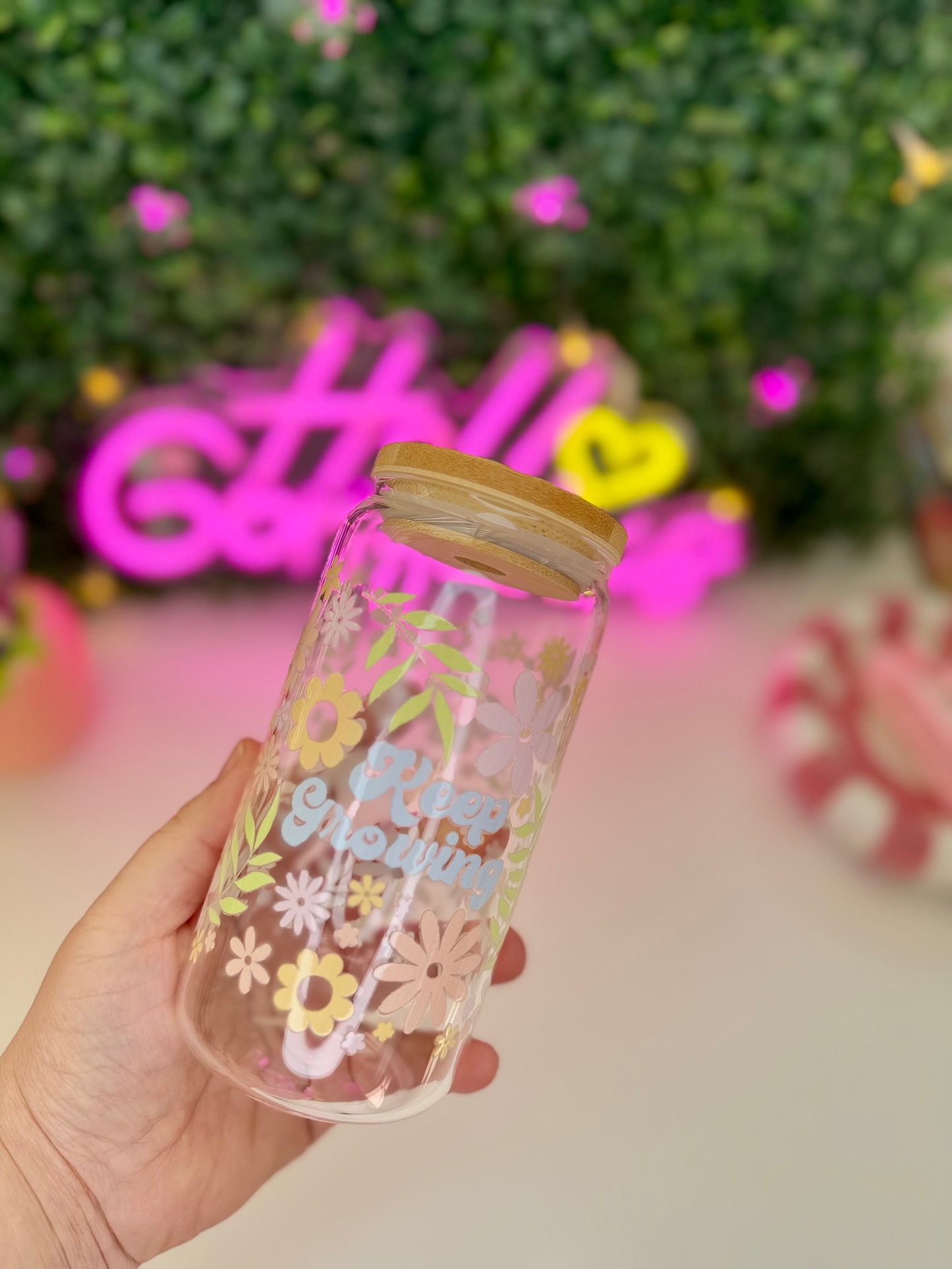 Drinkglas met rietje keep growing motivatie