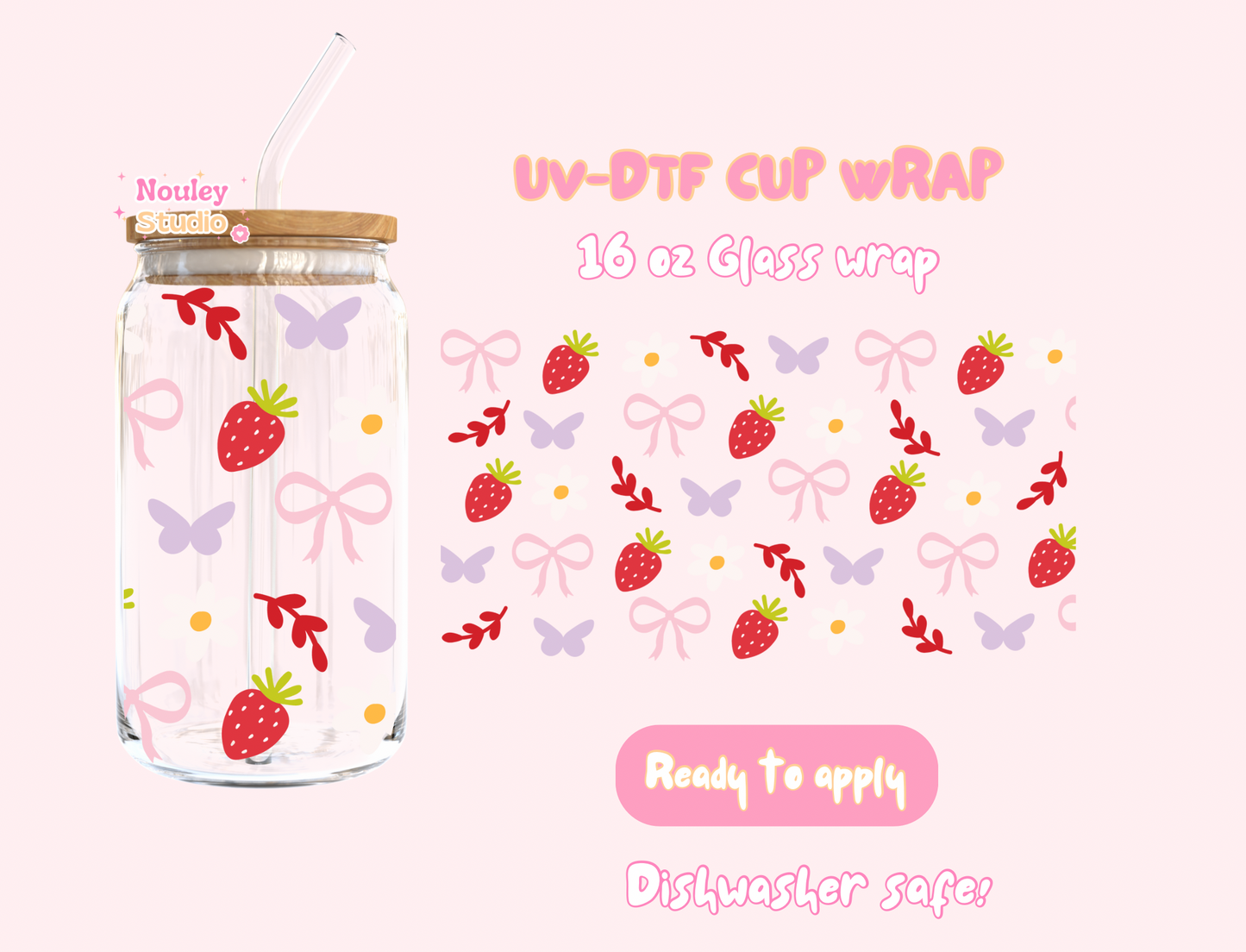 UV DTF Cup wrap | Strawberry Butterfly
