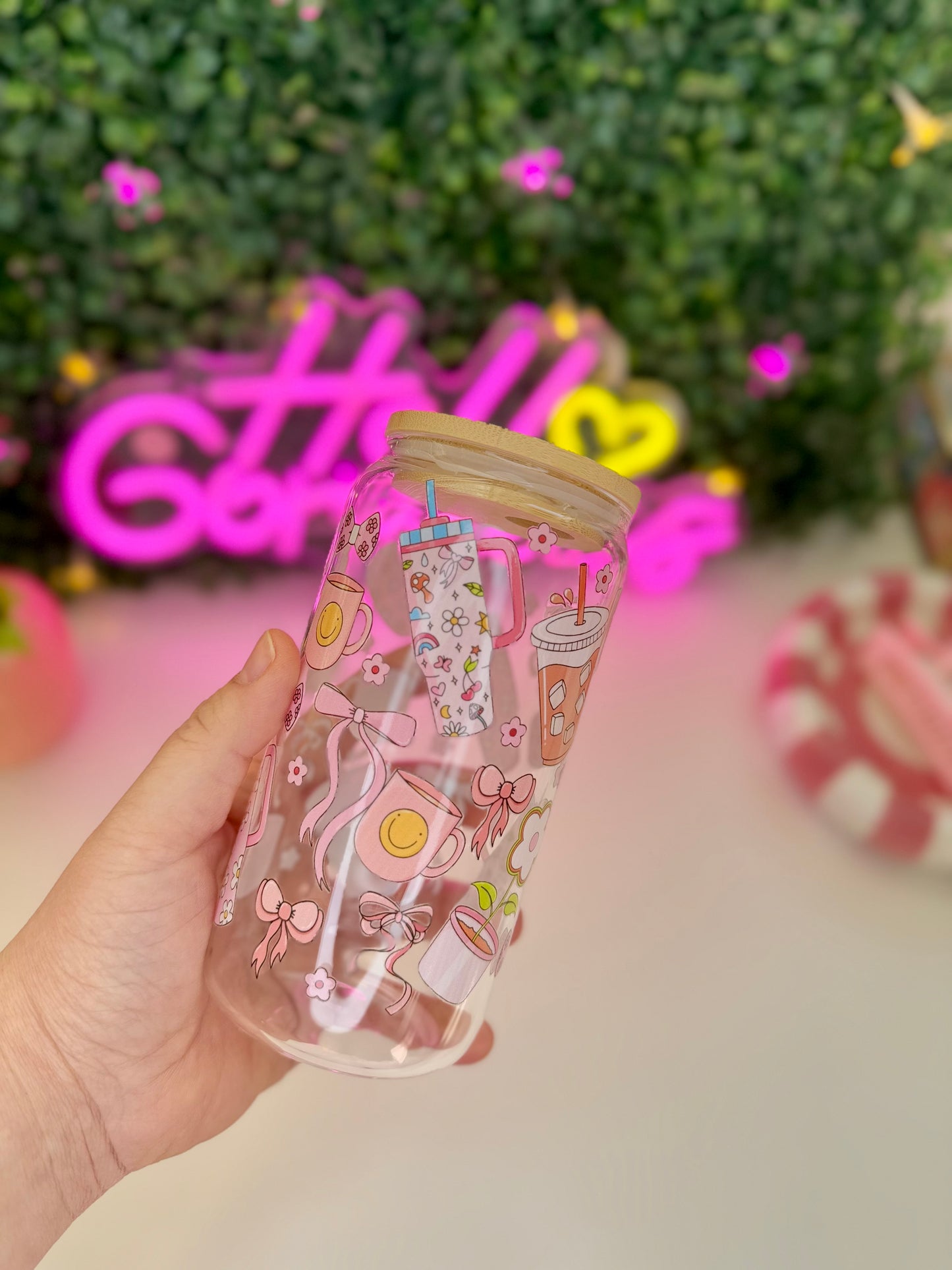 Drinkglas met rietje pink girly